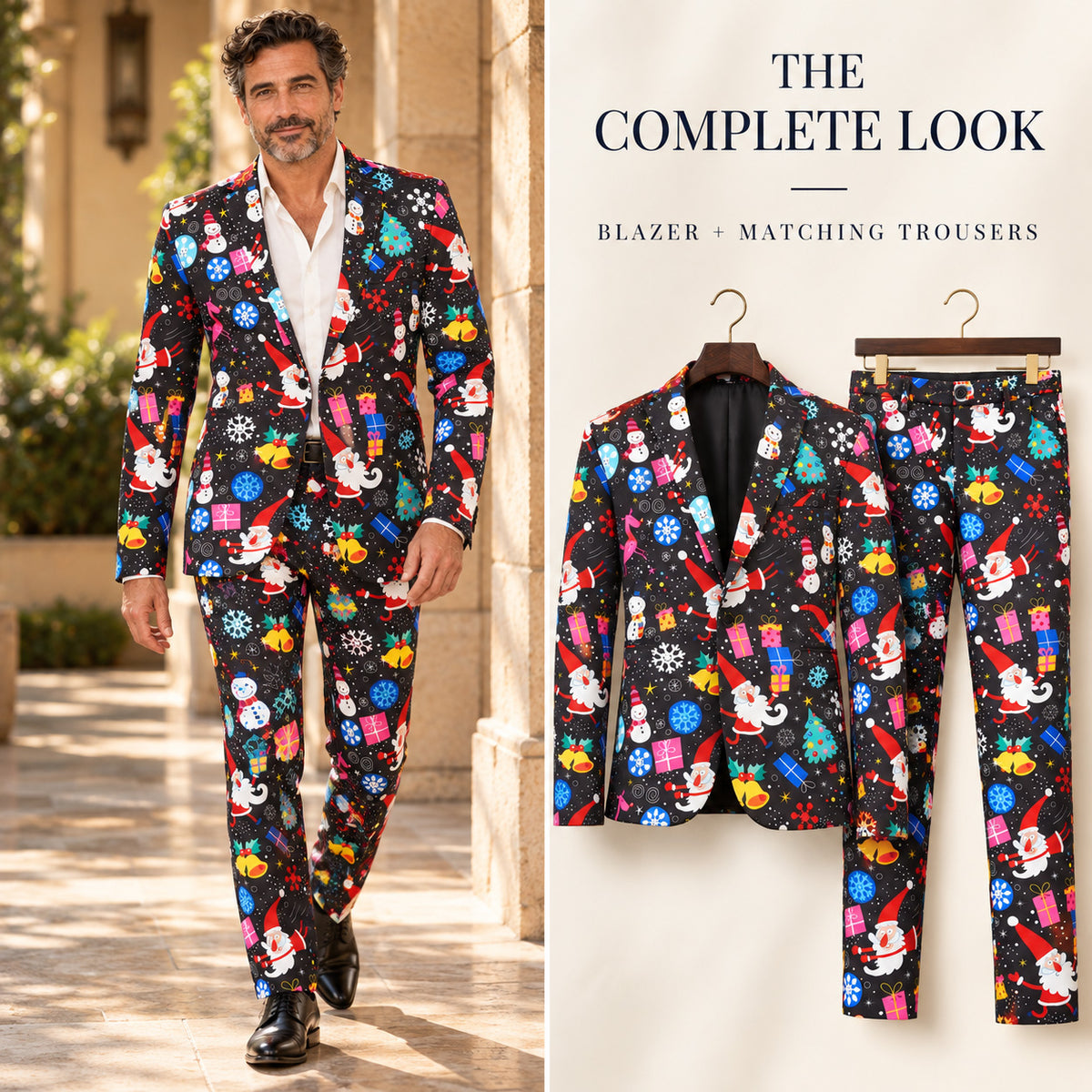 WISHOLIC complete men's Christmas suit featuring matching festive blazer and trousers