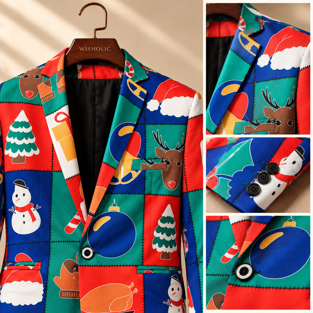 Wisholic Christmas suit close-up details showing festive prints, buttons, and lapel craftsmanship