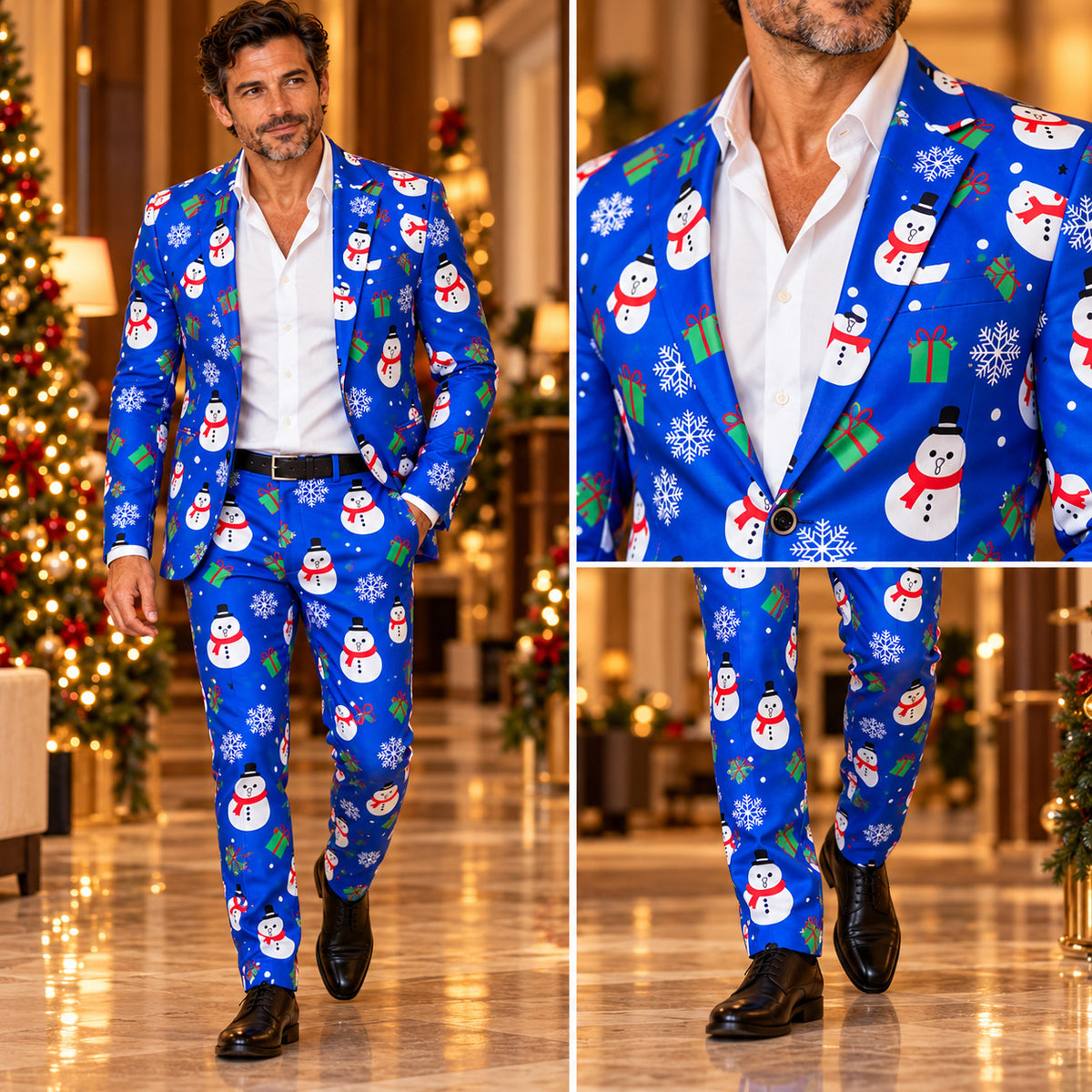 Detailed view of Wisholic Christmas suit showcasing full fit, refined lapel, and snowman printed trousers