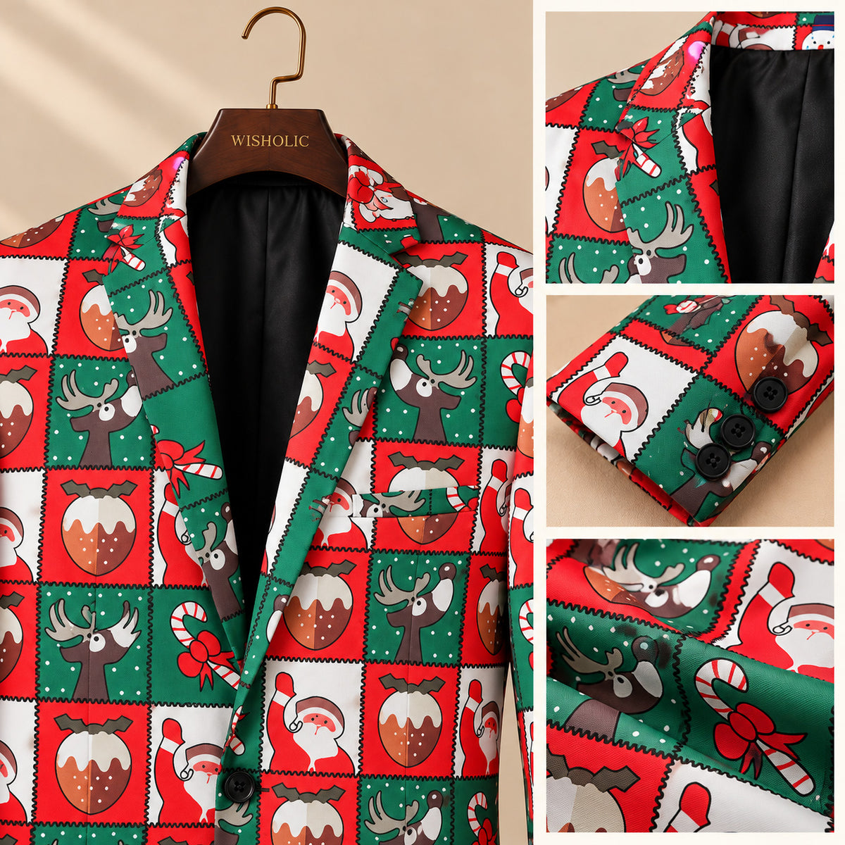 Close-up details of Wisholic men's Christmas suit collar, lapel, fabric texture, and cuff sleeve buttons.