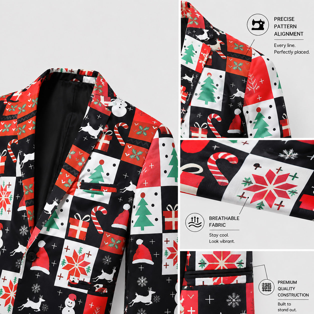 WISHOLIC men's Christmas printed suit close-up details showing breathable fabric and precise pattern alignment