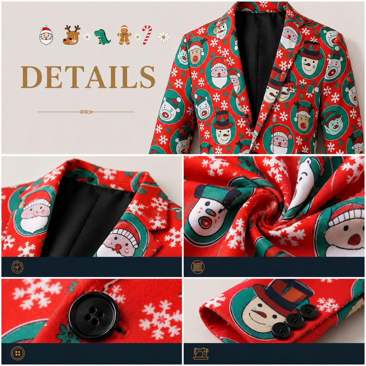 Close-up detail views showing the jacket lapel, fabric texture, single button, and cuff buttons of the WISHOLIC red Christmas printed suit.
