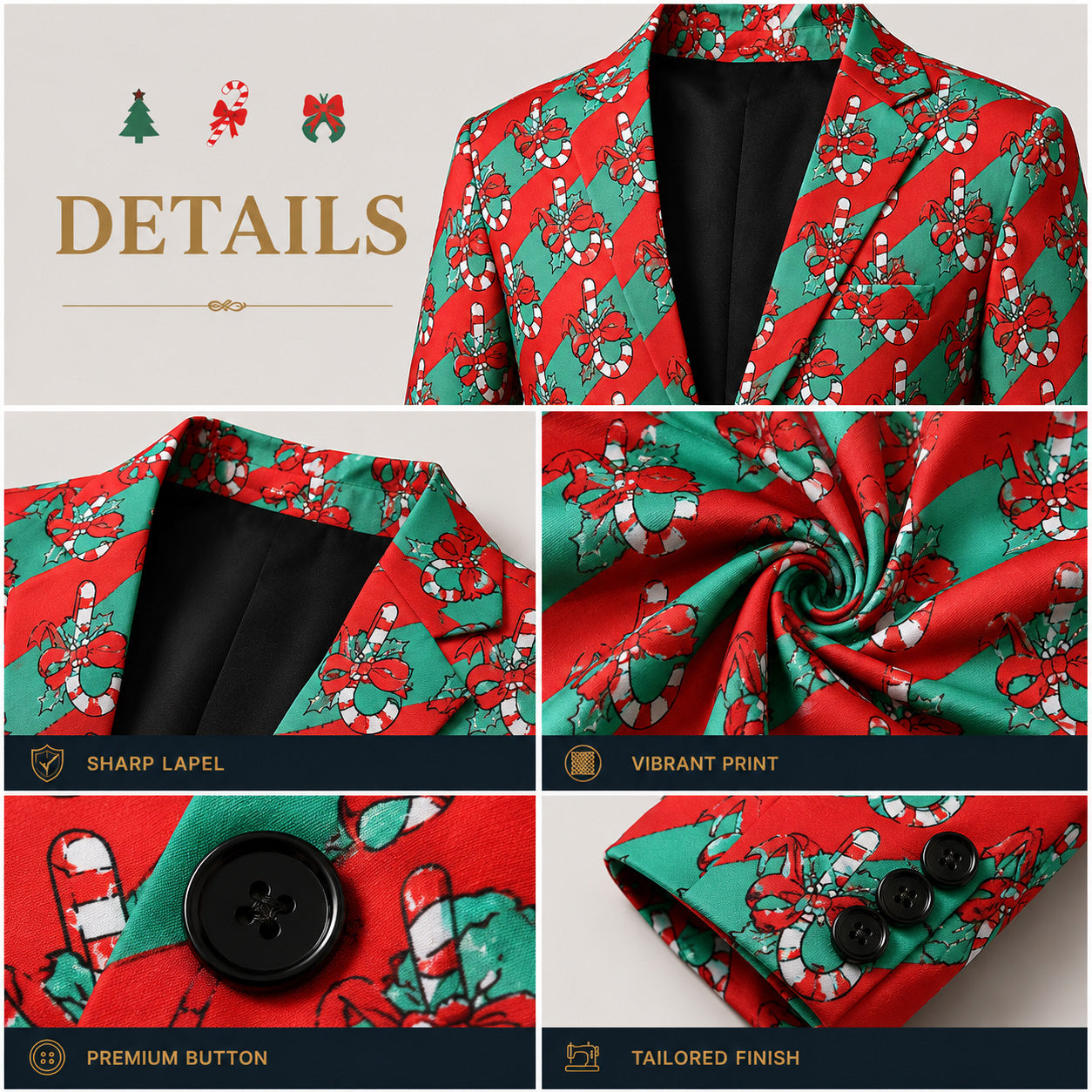 WISHOLIC men's Christmas suit details showing sharp lapel, vibrant candy cane print, and premium buttons