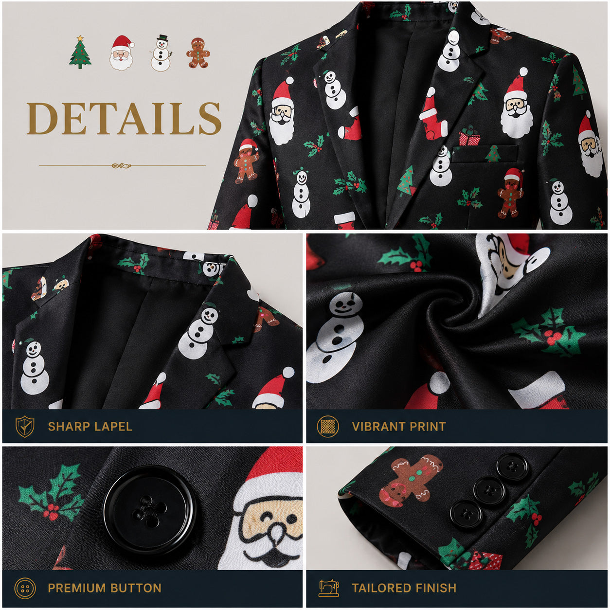 Detailed close up of lapel print buttons and fabric on men's Christmas suit | WISHOLIC