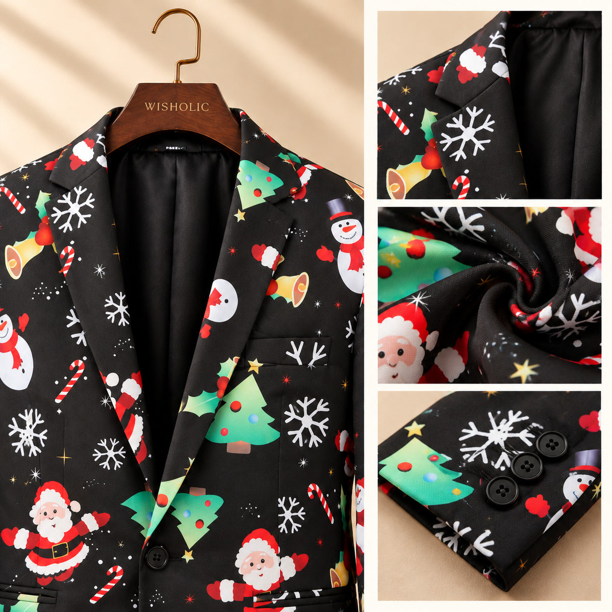 Close-up details of Wisholic Christmas suit including lapel notch, sleeve buttons, and high-quality printed fabric.