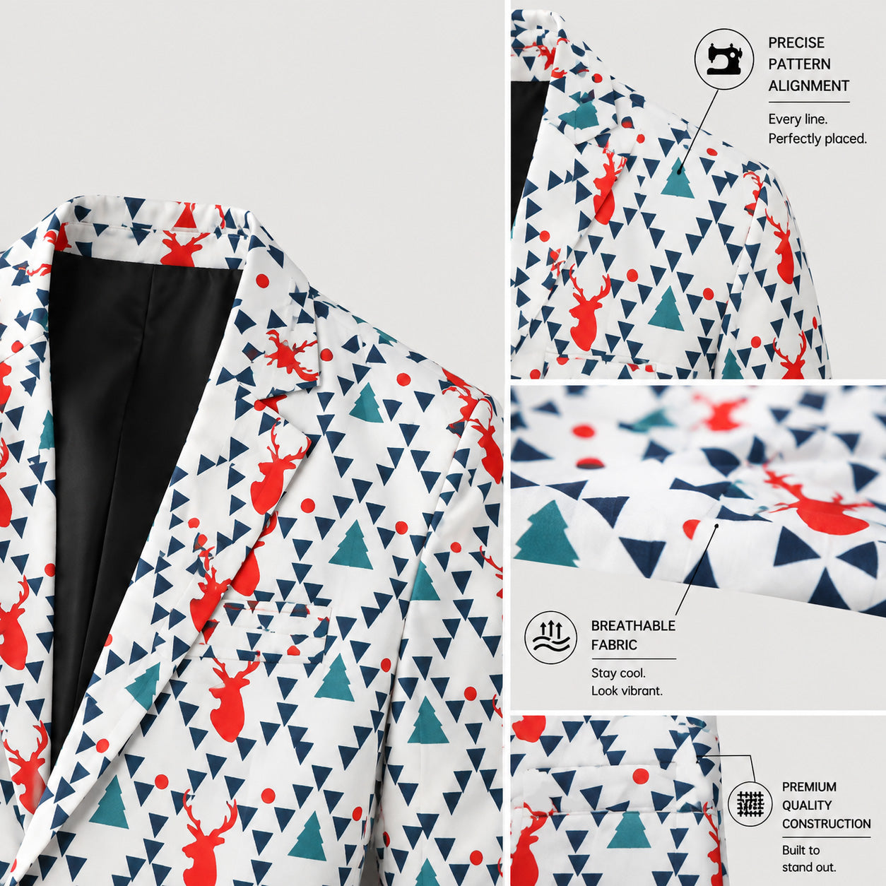 Close-up detail of WISHOLIC Christmas suit showing precise pattern alignment and breathable printed fabric