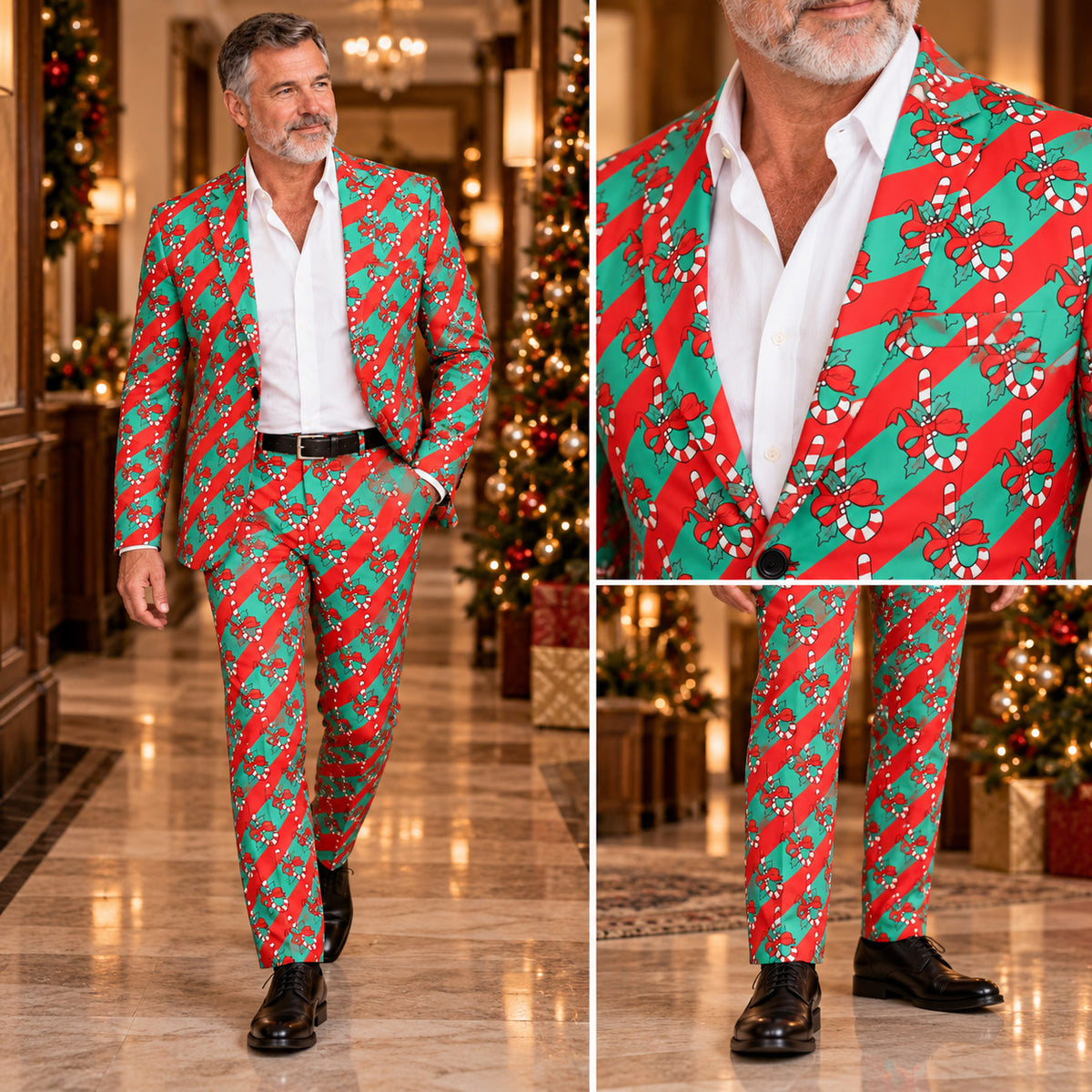 Full body and close-up views of Wisholic men's Christmas holiday candy cane printed suit showing collar and pants fit