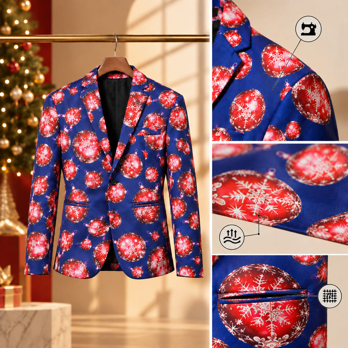 Wisholic men's blue and red Christmas ornament suit layout showing matching jacket, trousers, white dress shirt, leather watch, and dress shoes.