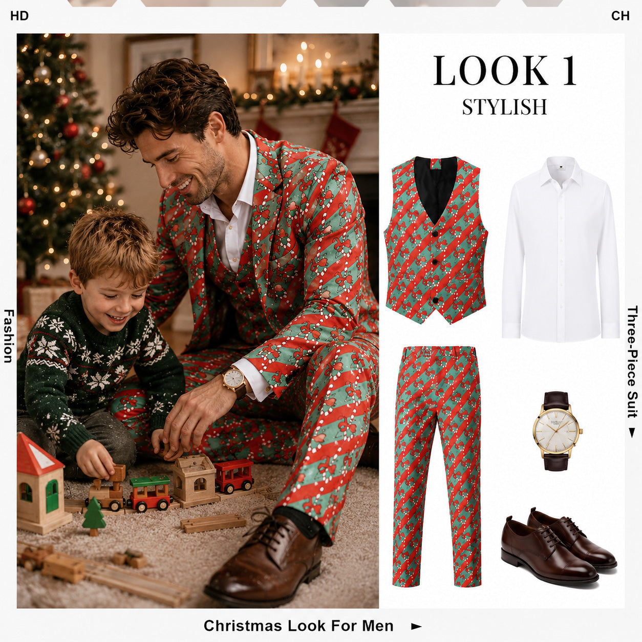 WISHOLIC Christmas suit look 1 featuring men's printed vest, trousers, and white shirt matching outfit