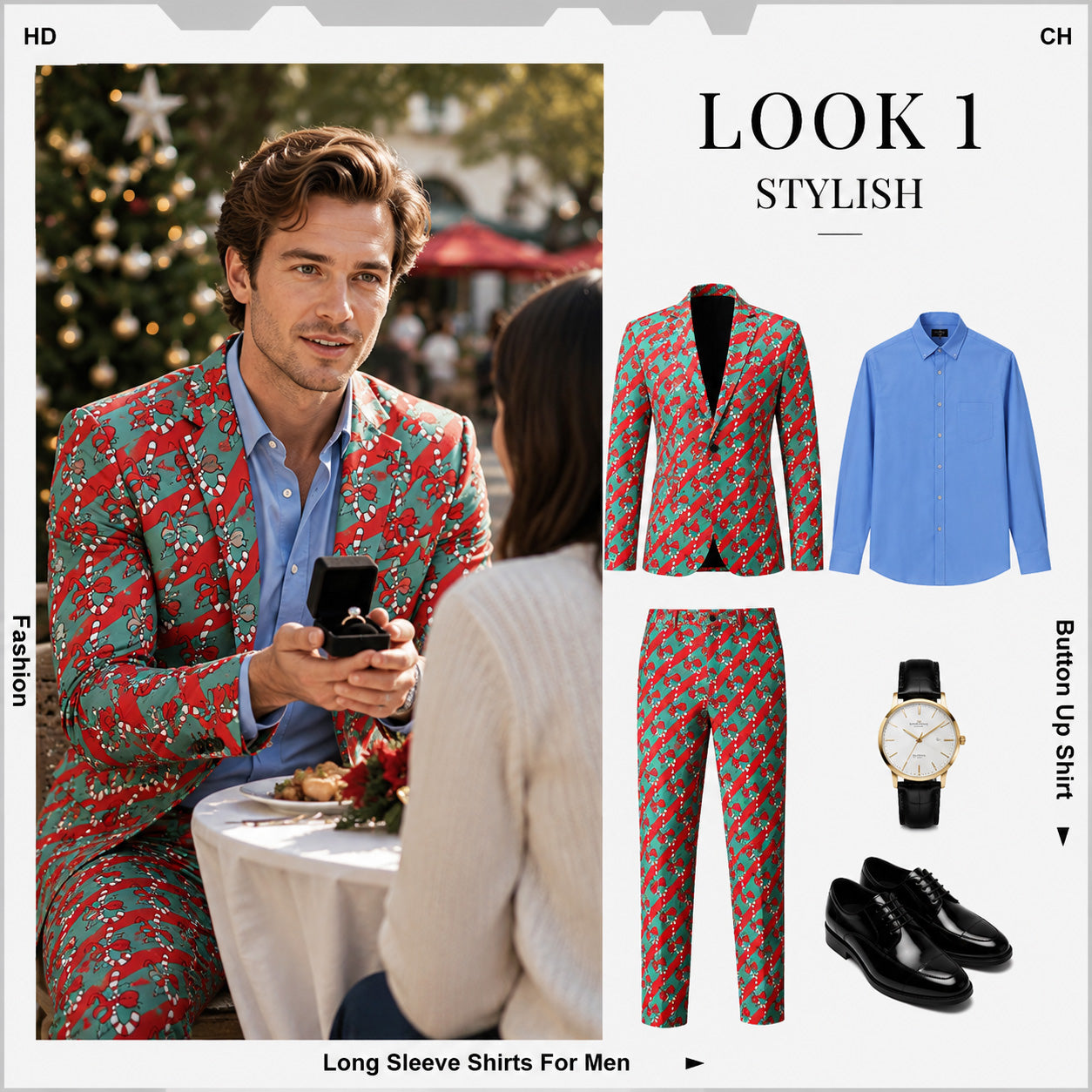 Men's holiday outfit ideas featuring candy cane suit and blue dress shirt | WISHOLIC