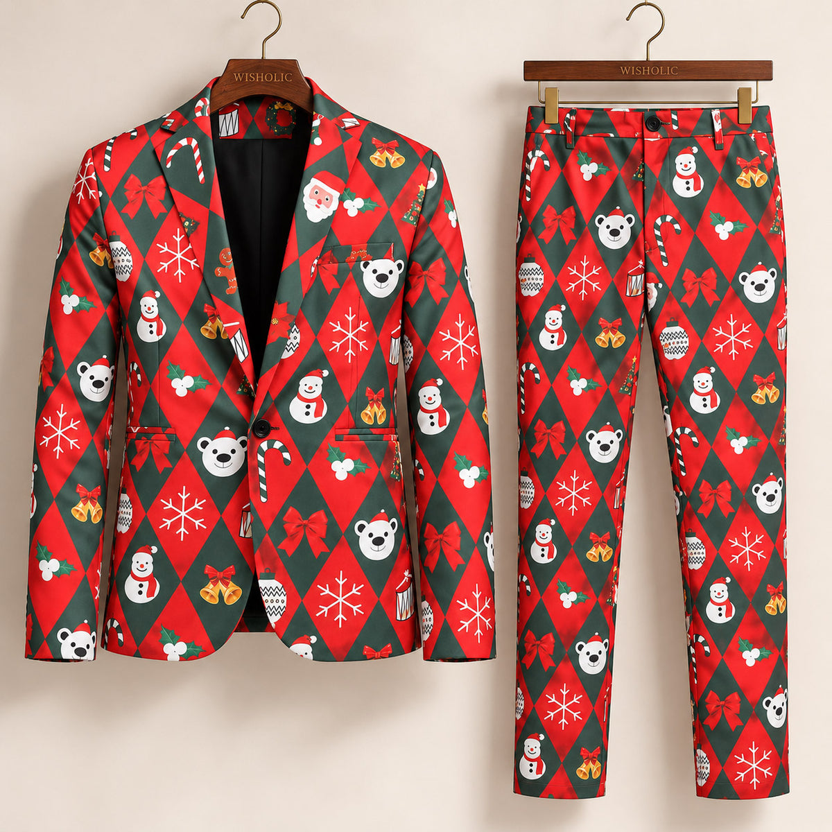 Wisholic two-piece Christmas print suit set including a blazer and matching tailored trousers on wooden hangers