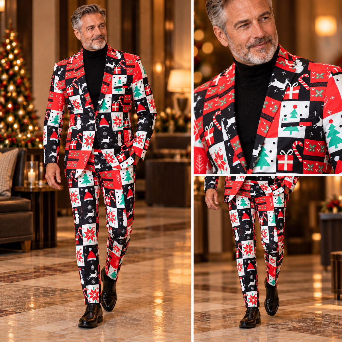 Wisholic men's Christmas themed holiday suit styling lookbook featuring full body fit and tailored trouser views