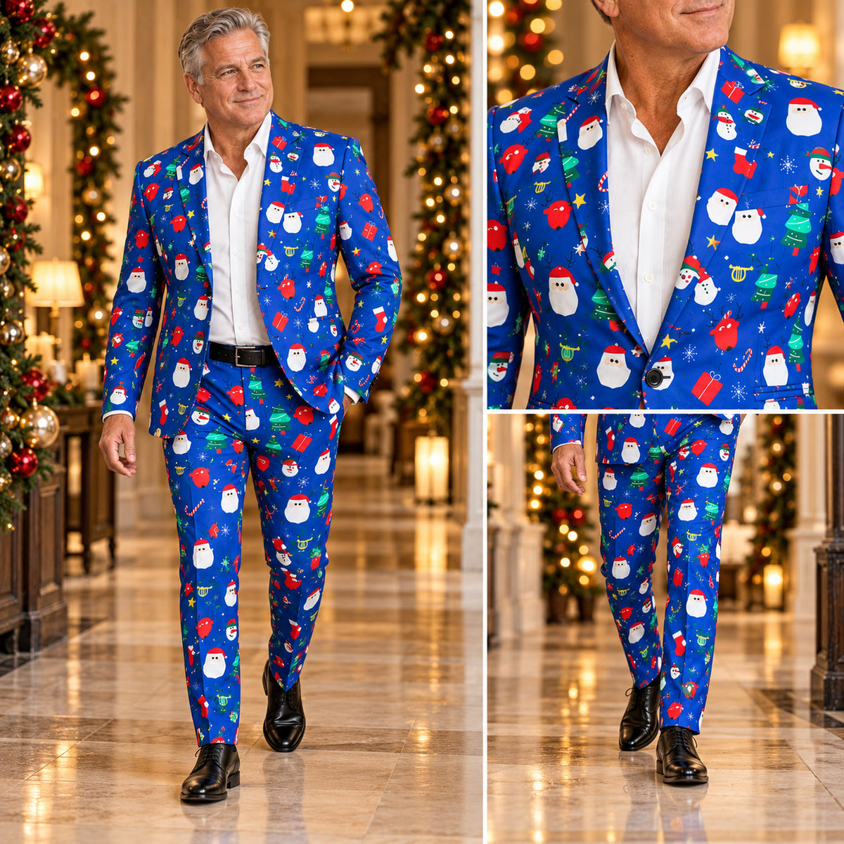 Full body walking look and lapel detail shots of Wisholic statement blue Christmas print suit for men.