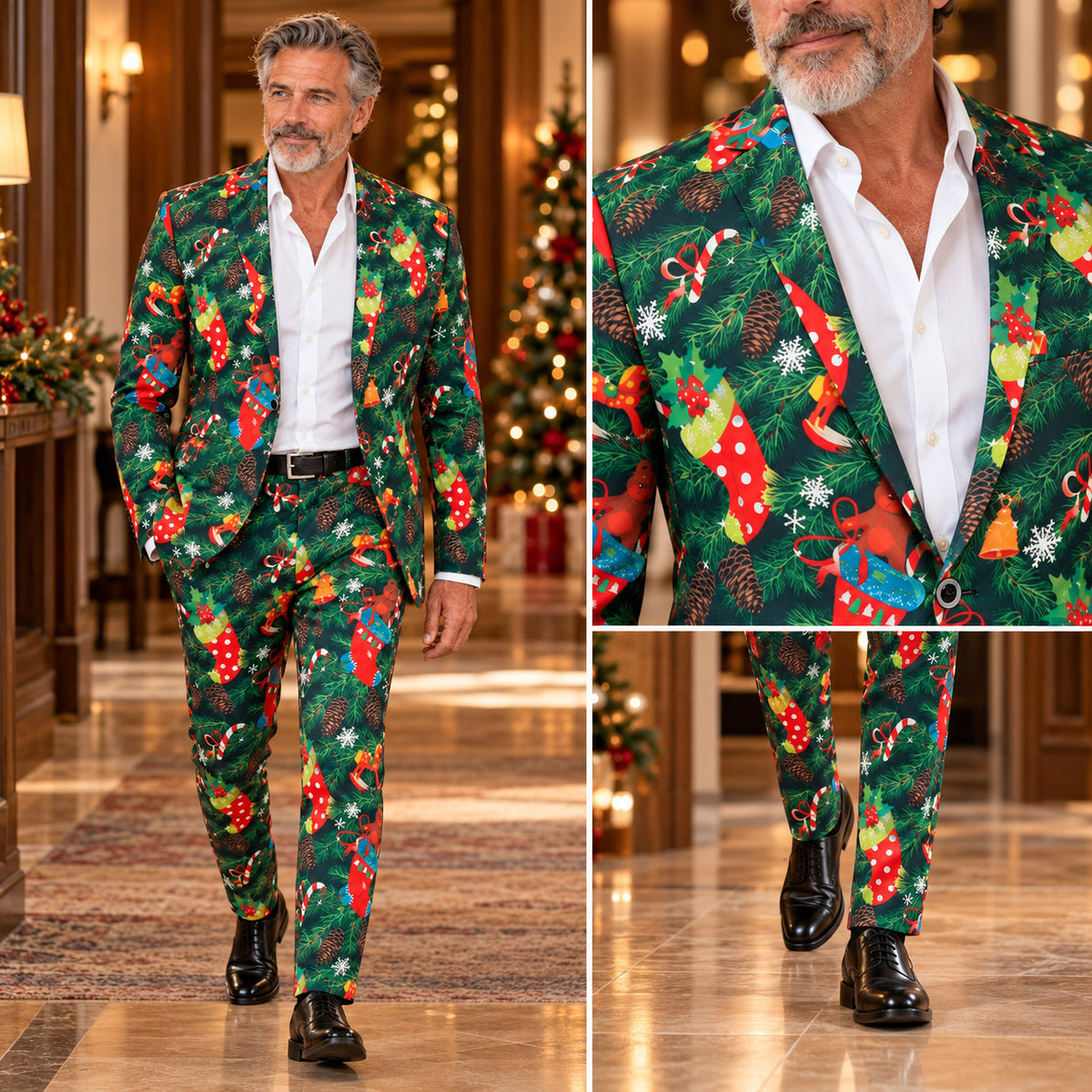 Full-body view and close-up tailoring details of Wisholic men's green Christmas holiday print blazer and matching fitted trousers.