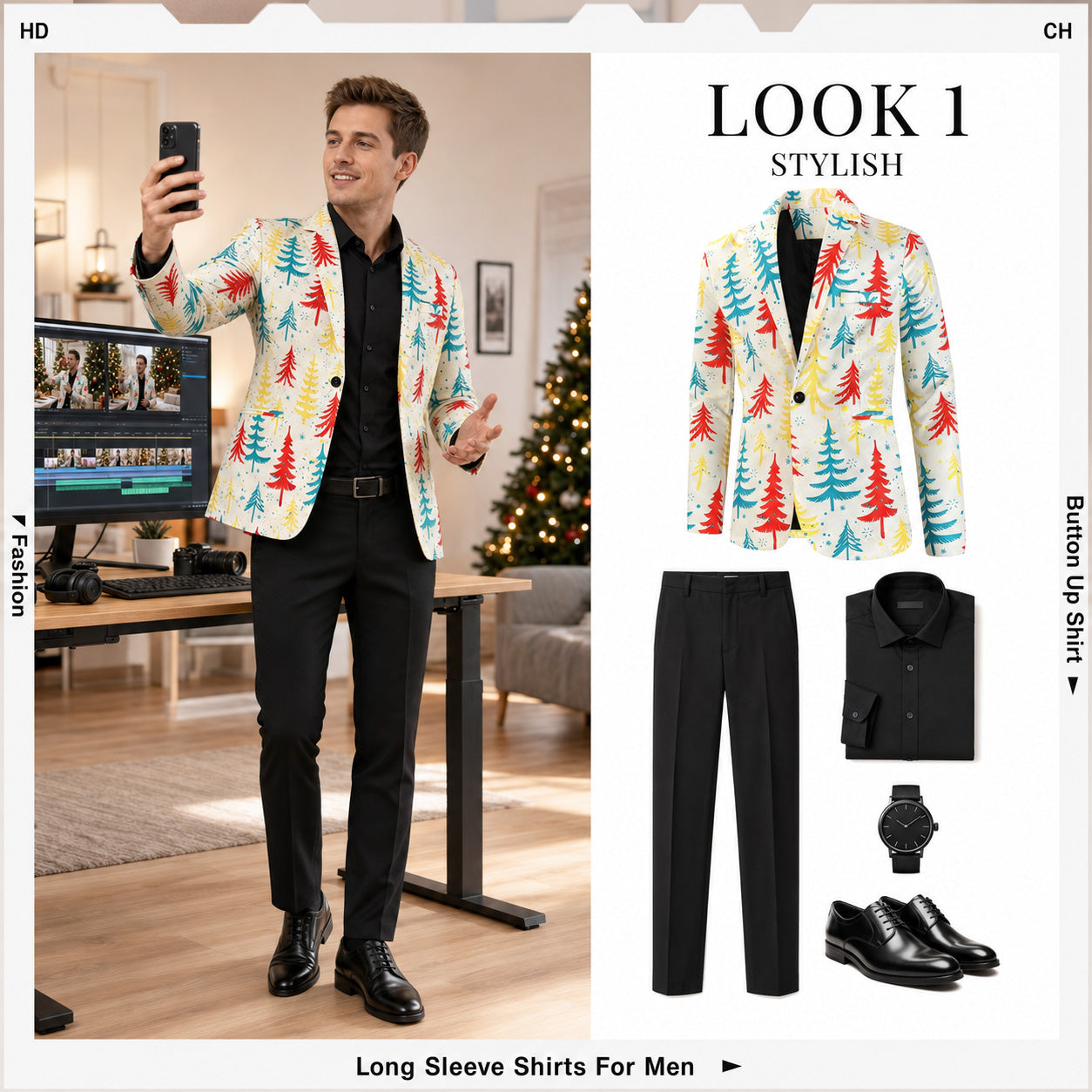 Styling guide showing a white Christmas tree print suit jacket paired with black trousers and black shirt | WISHOLIC