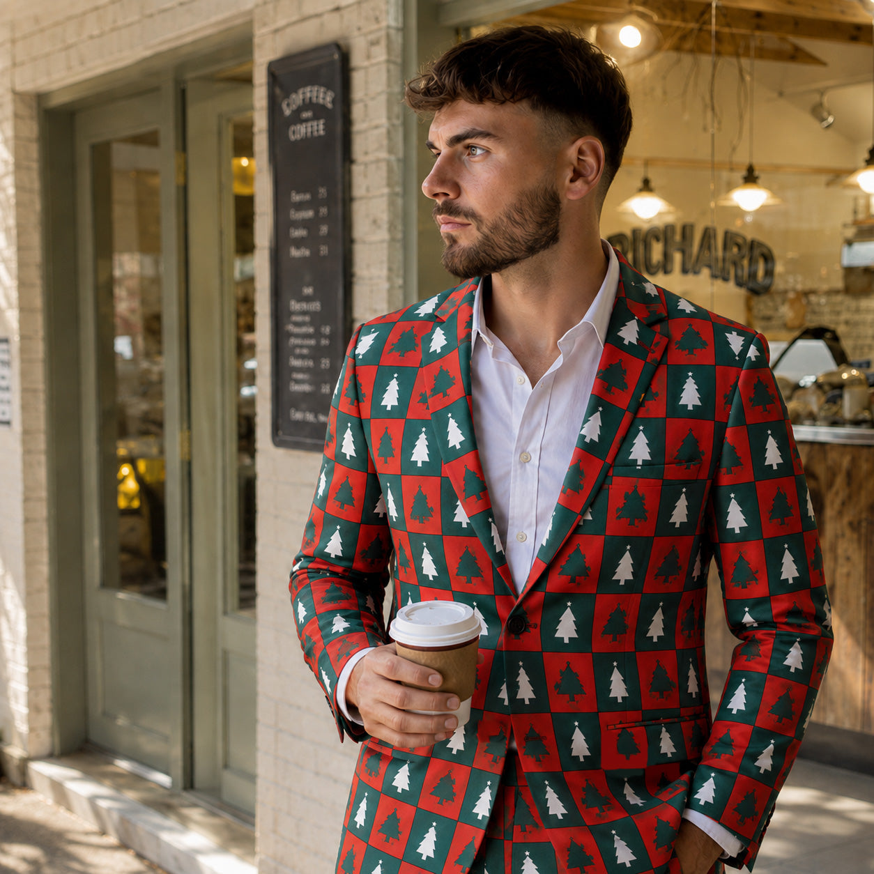 WISHOLIC Men's Christmas Tree Plaid Printed Suit Set - Main Photo | WISHOLIC