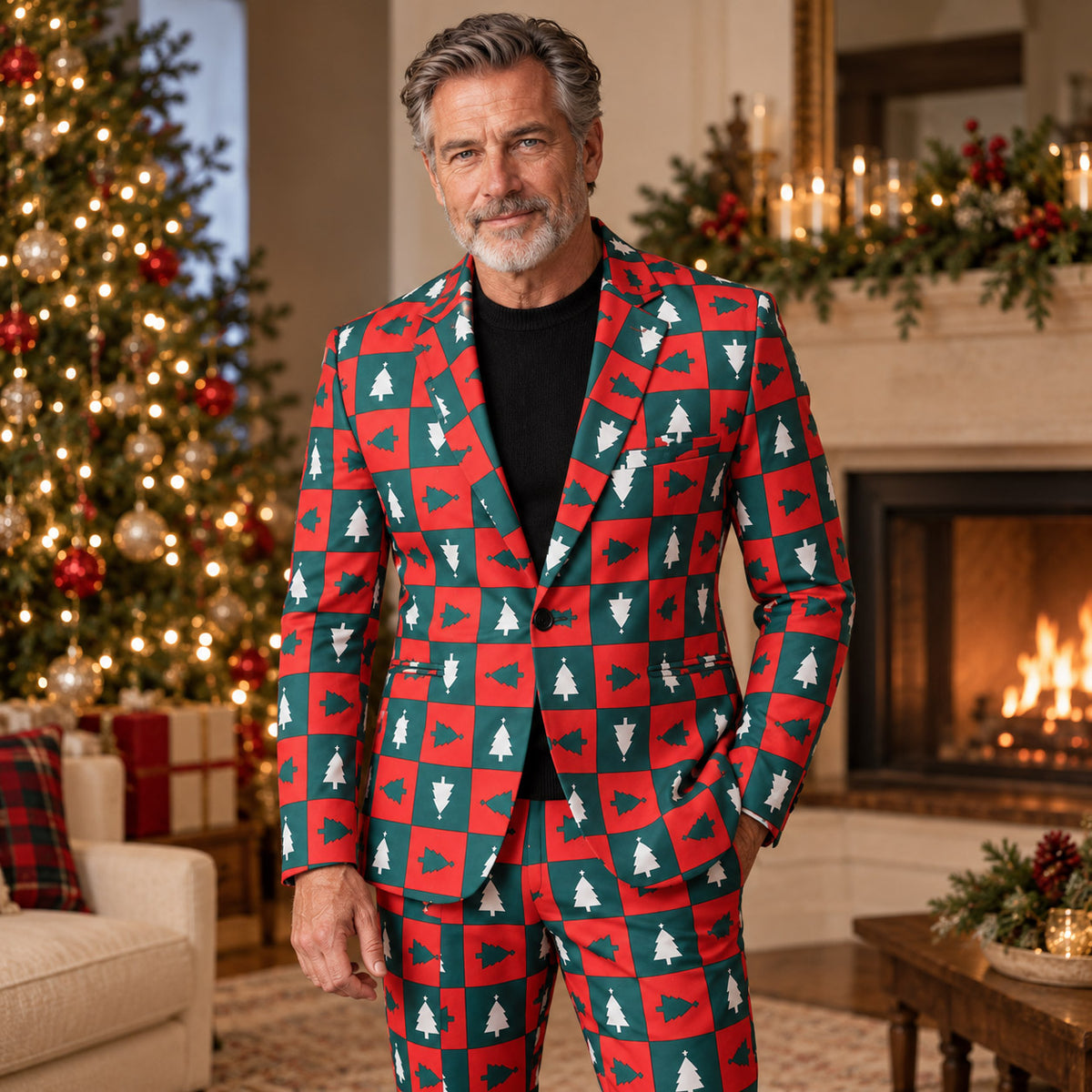 Wisholic men's green and red checkered Christmas tree print suit jacket styled with black turtleneck for holiday party