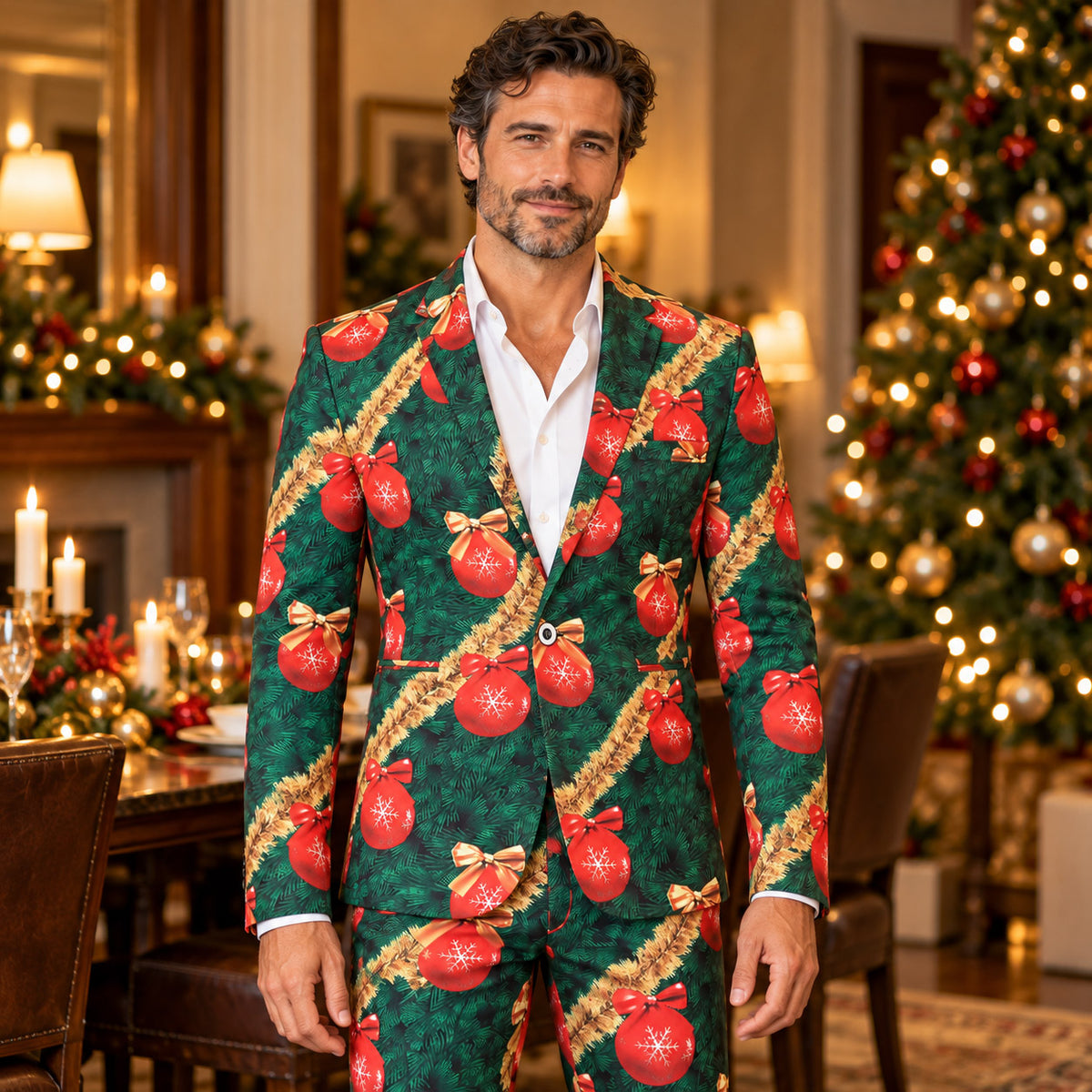 Wisholic men's festive Christmas suit featuring pine branch, golden garland, and red bauble print styled with white dress shirt