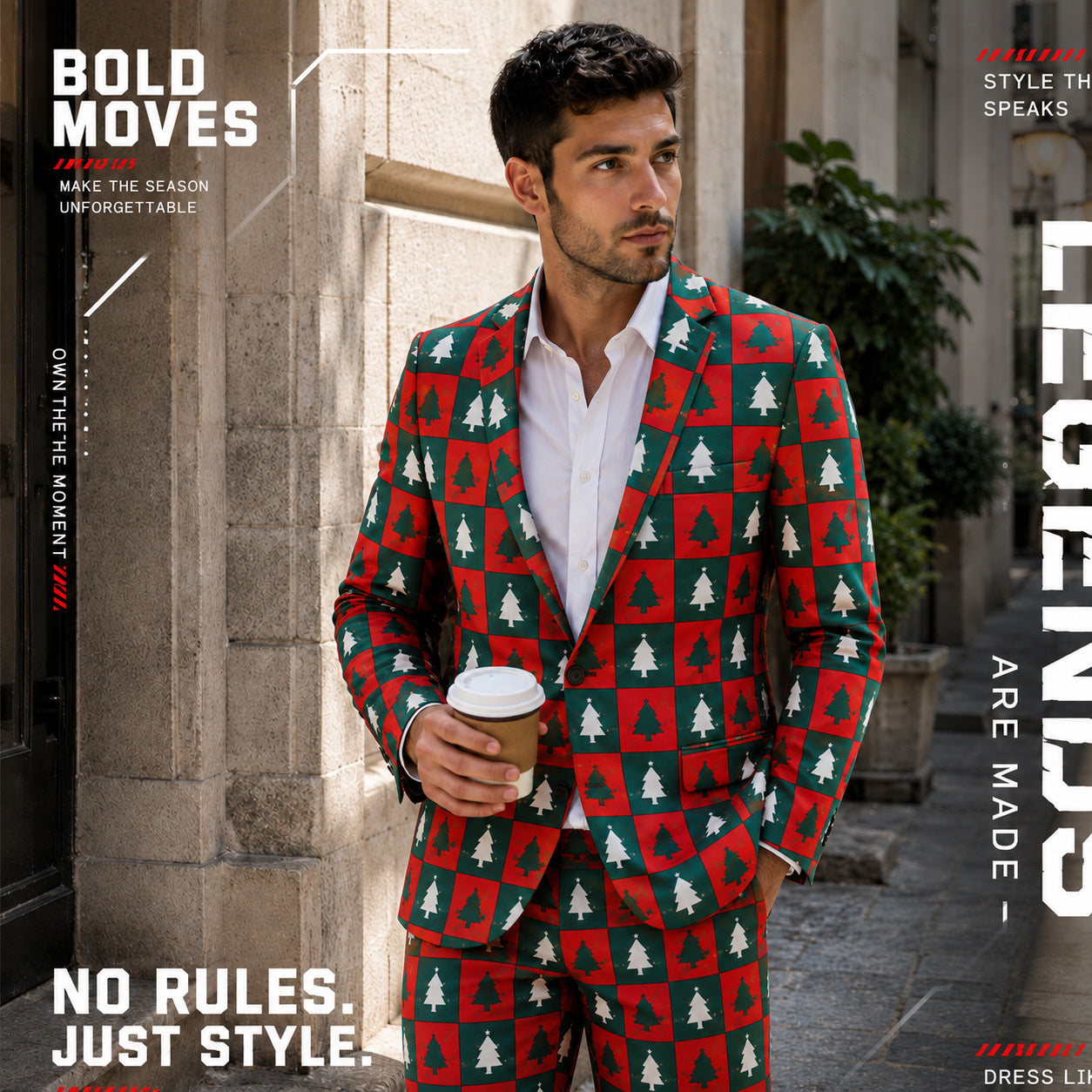 WISHOLIC Men's Festive Christmas Tree Print Suit Outfit Lookbook | WISHOLIC