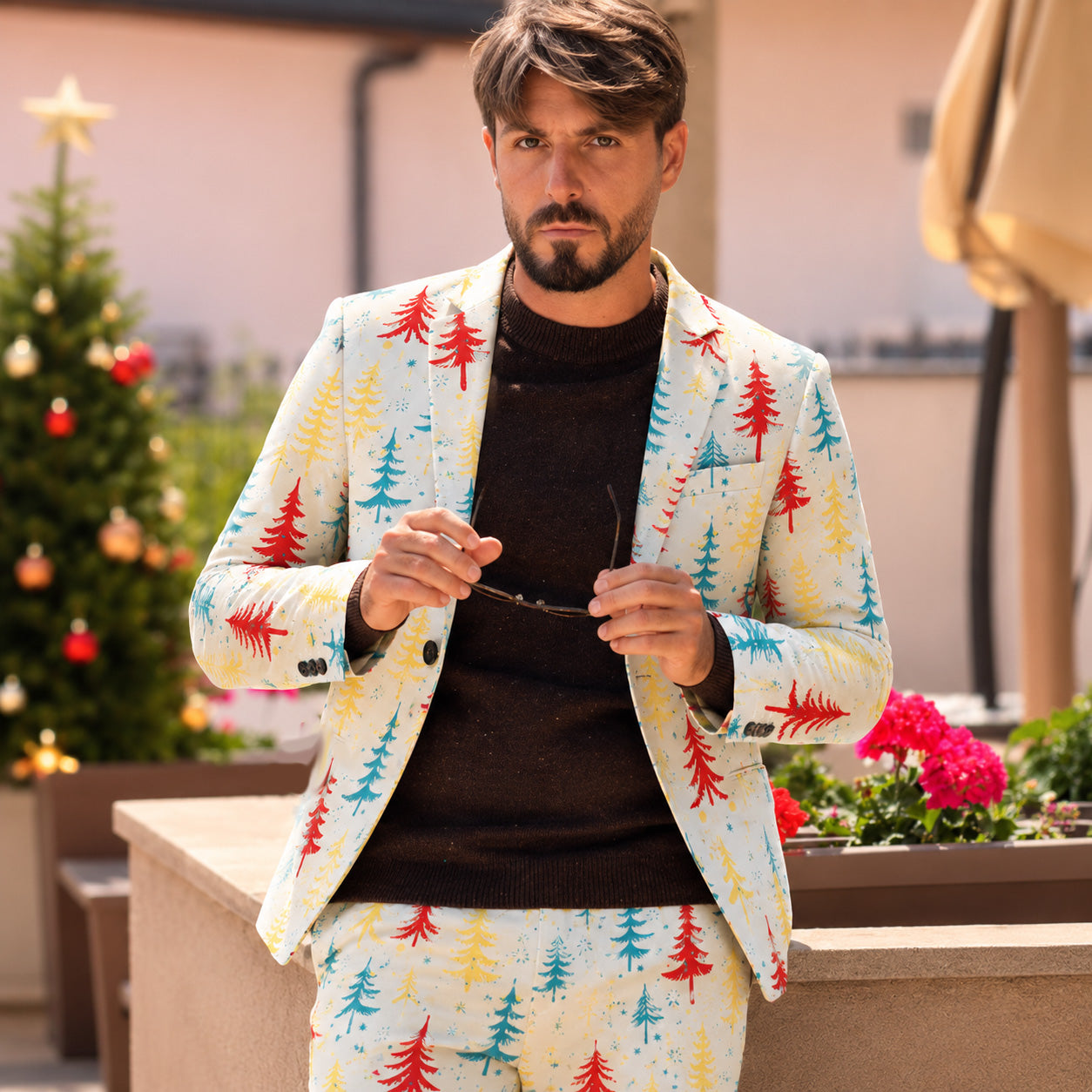 Front view of man wearing a white Christmas tree printed suit blazer and pants set with brown sweater | WISHOLIC