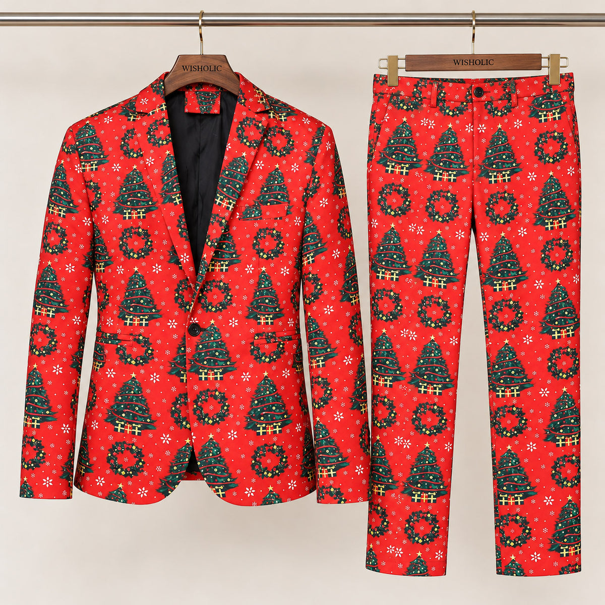 Wisholic 2-piece men's festive holiday suit set featuring red Christmas tree and wreath patterned blazer and matching trousers on hangers