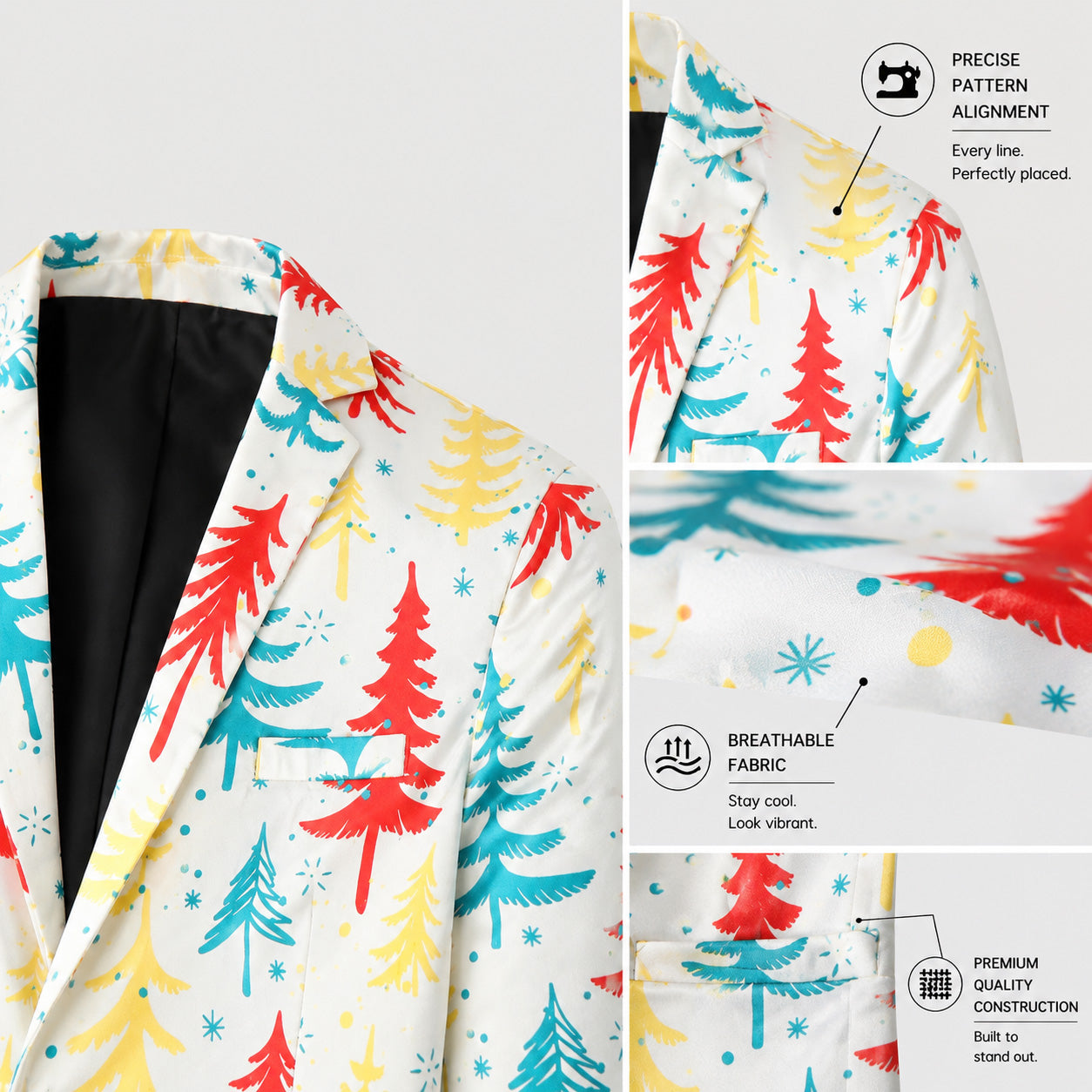 Close-up detail of pattern alignment and breathable fabric on a white Christmas tree printed suit jacket | WISHOLIC