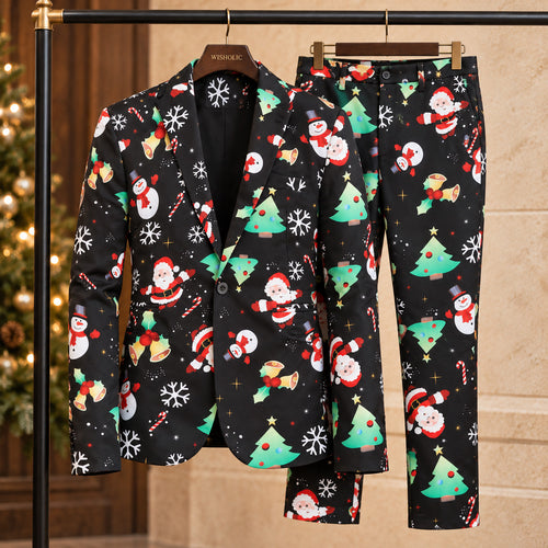 WISHOLIC men's black Christmas two-piece suit with matching Santa, snowman and Christmas tree print blazer and trousers displayed on hangers.