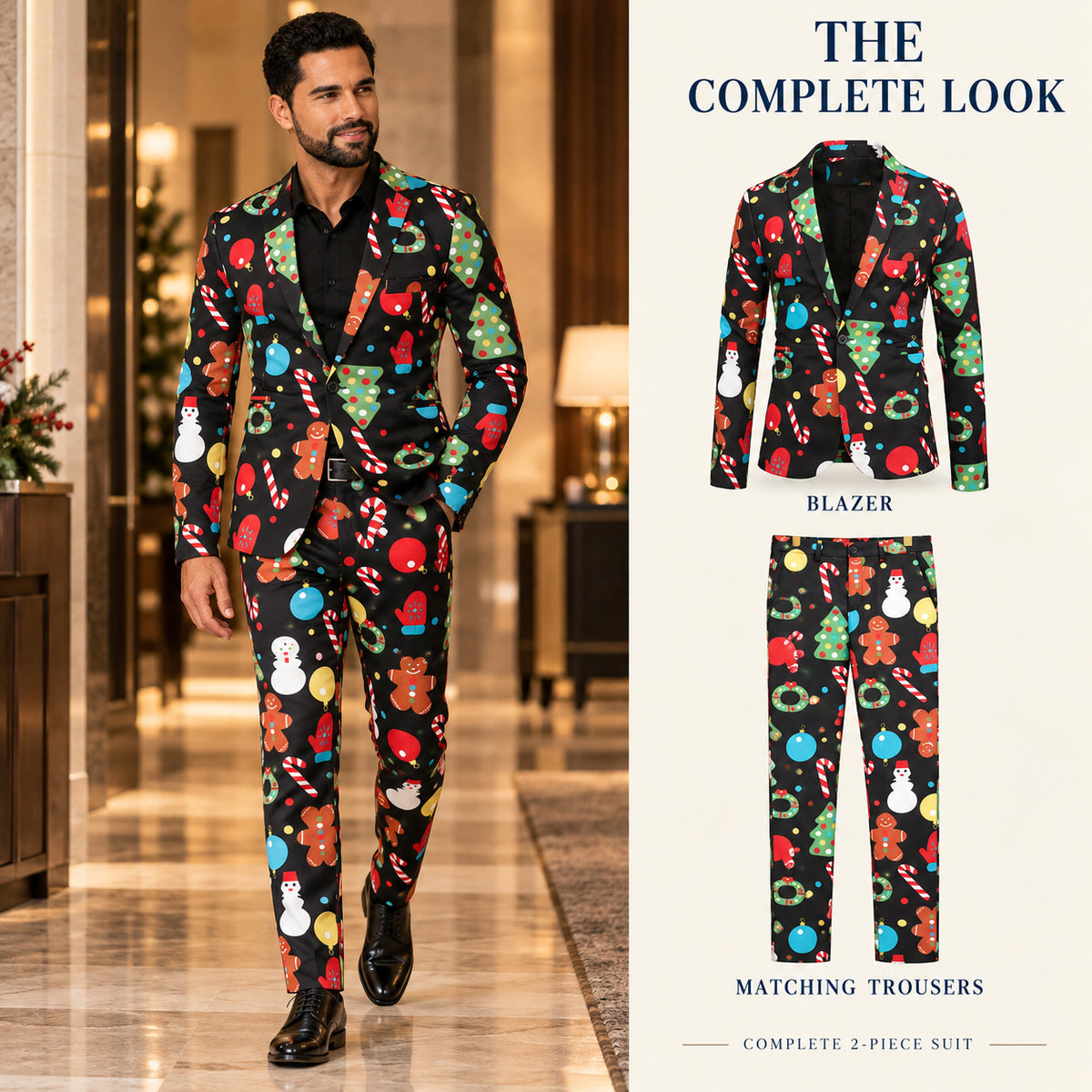 WISHOLIC men's black Christmas two-piece suit complete look with matching festive blazer and trousers