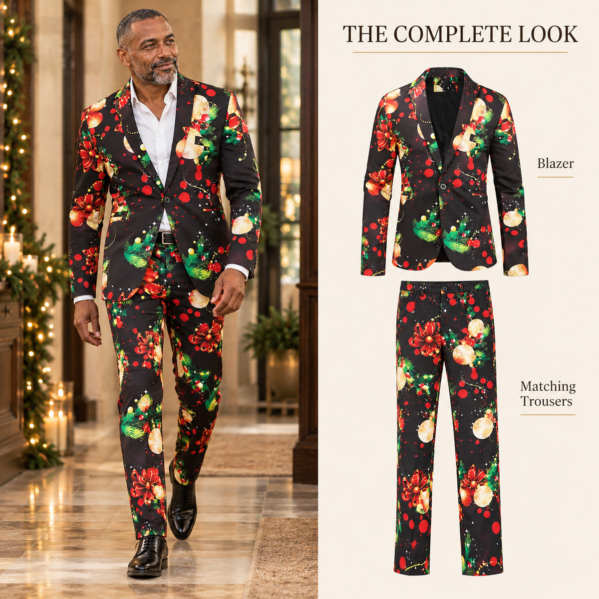 WISHOLIC men's Christmas two-piece suit complete look showing a model wearing the festive outfit beside the matching blazer and trousers.