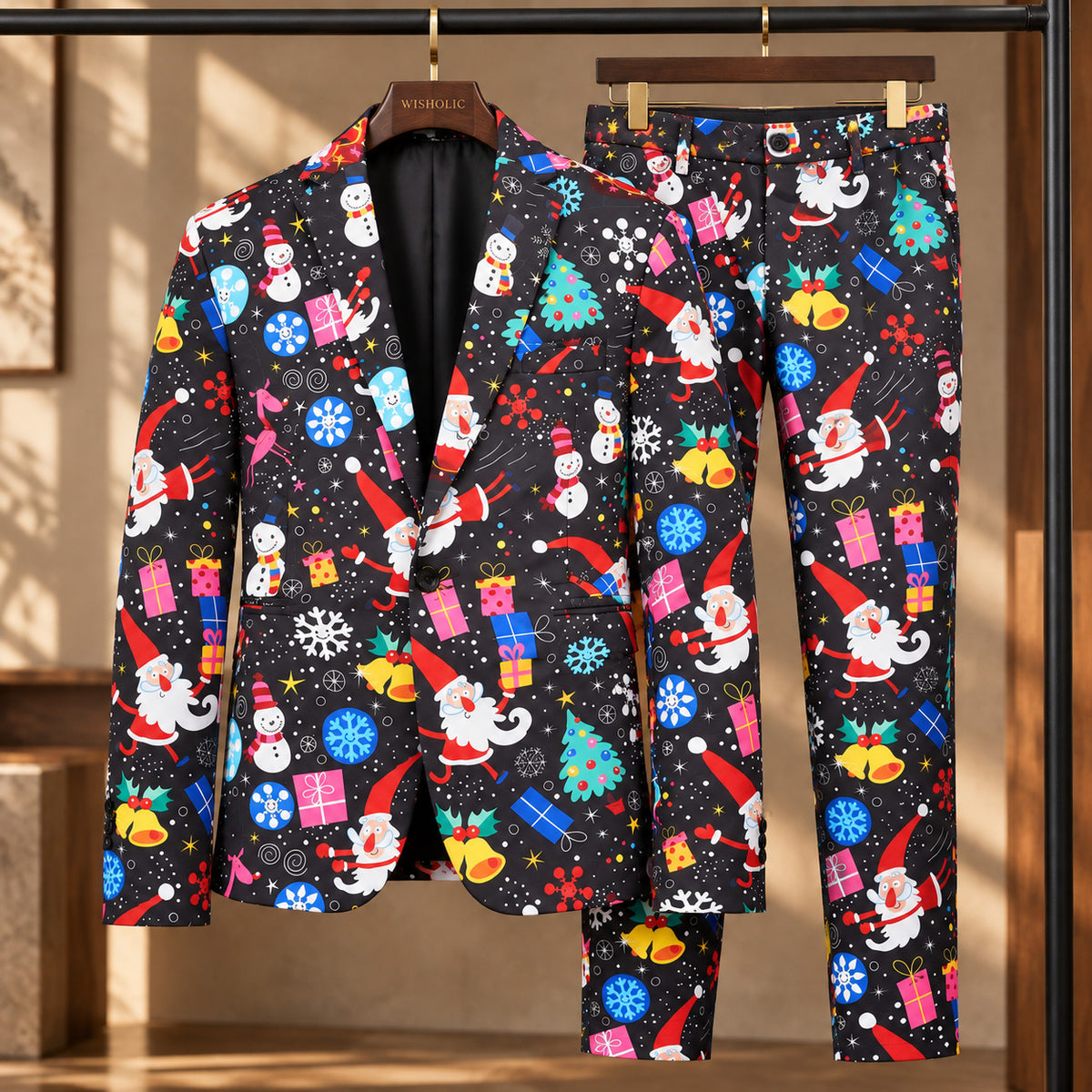 WISHOLIC men's Christmas two-piece suit with matching printed blazer and trousers displayed on wooden hangers