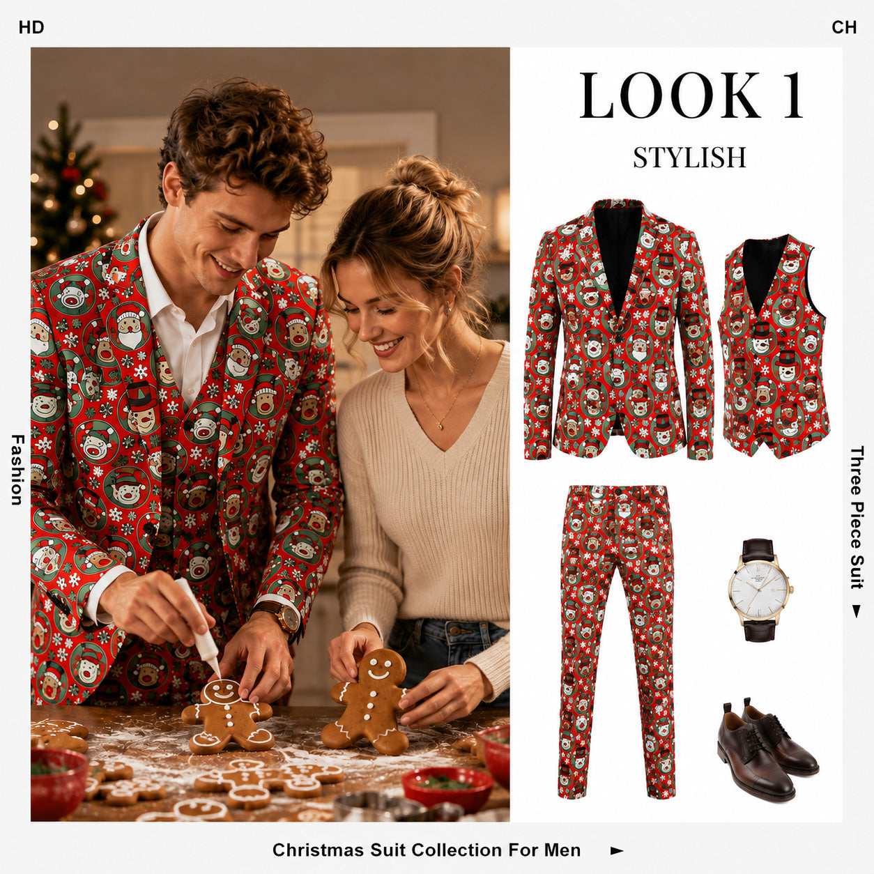 A man in a WISHOLIC red holiday print suit decorating gingerbread cookies next to a woman, paired with a product breakdown of the 3-piece suit set.
