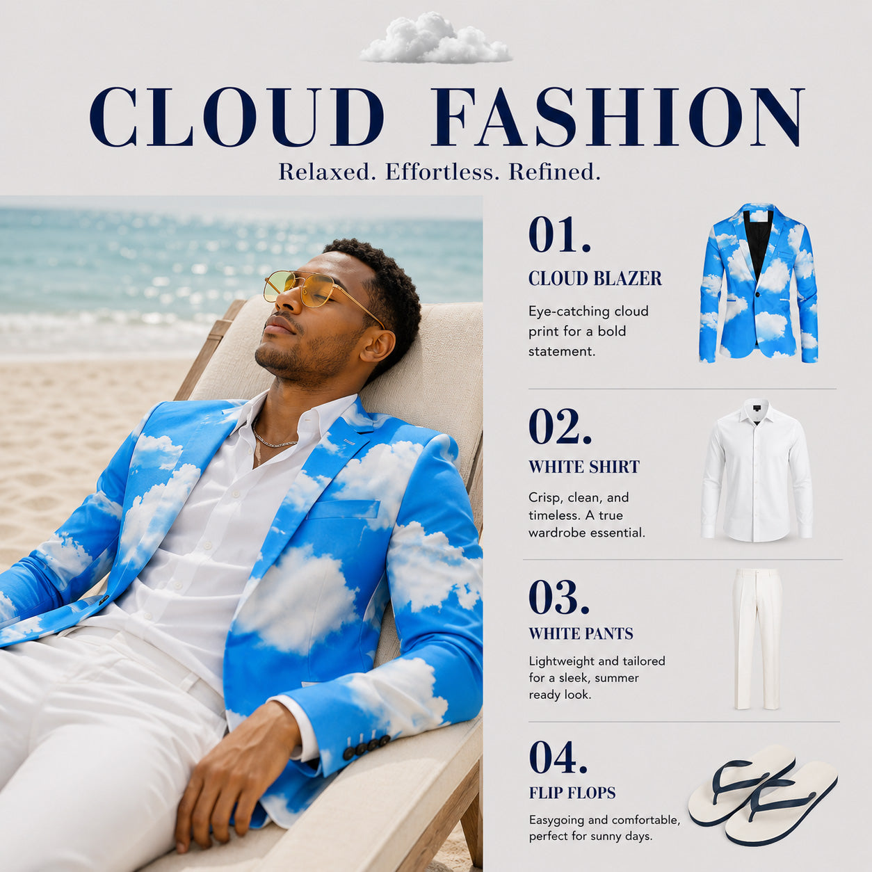 Summer lookbook breakdown showing a male model relaxing on a beach lounge chair in a WISHOLIC cloud blazer paired with white pants and flip-flops.