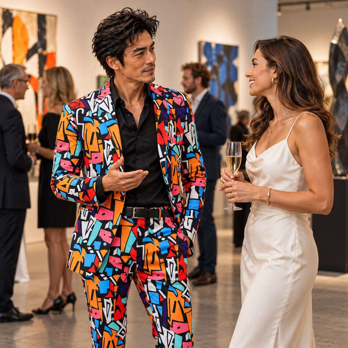 Man wearing a WISHOLIC colorful abstract graffiti print suit with a black shirt while talking with a guest at an art gallery reception.