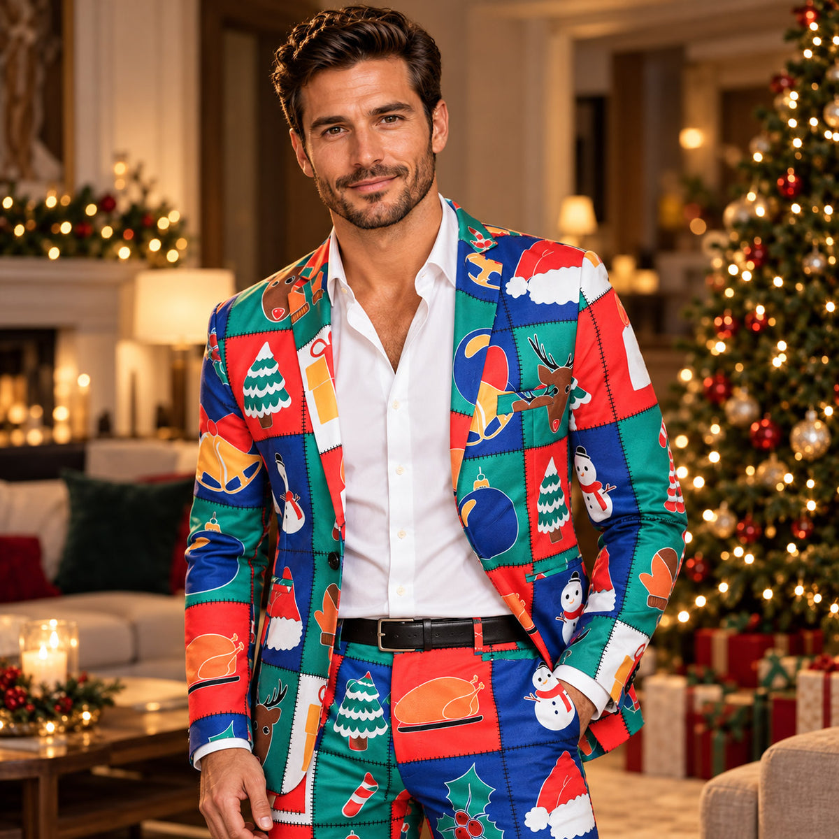 Wisholic men's colorful Christmas patchwork suit featuring holiday elements print styled with white dress shirt