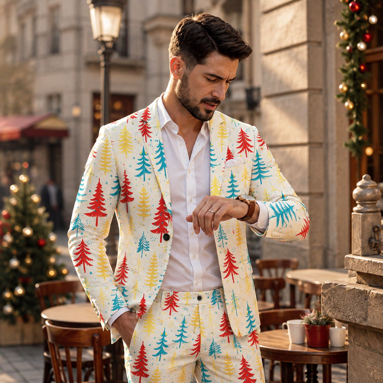 Men's colorful Christmas tree printed suit set featuring a white blazer with red blue yellow pine tree pattern worn outdoors | WISHOLIC