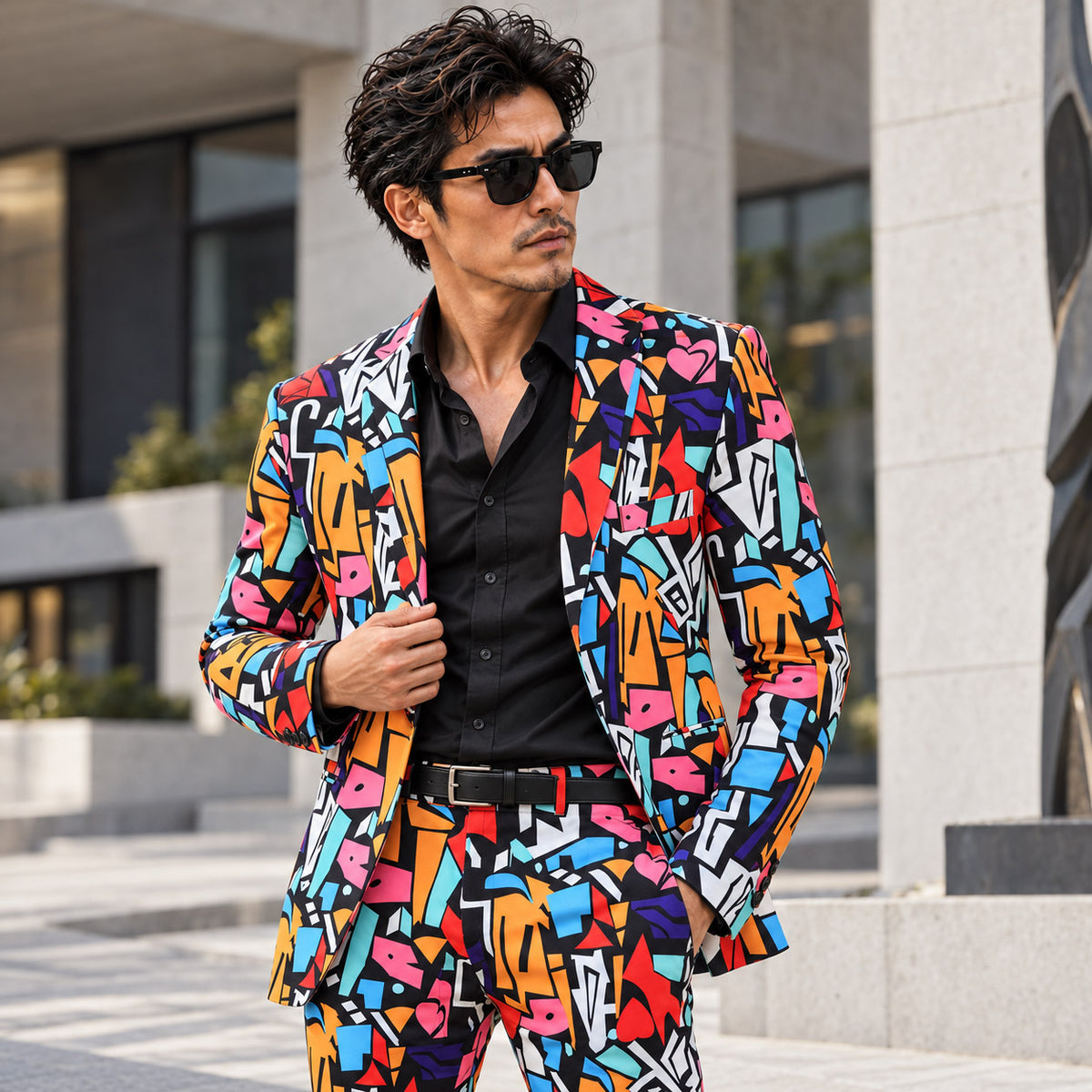 WISHOLIC men's colorful graffiti print two-piece suit with bold orange, blue, pink and red abstract graphics on a black base, styled with a black shirt.