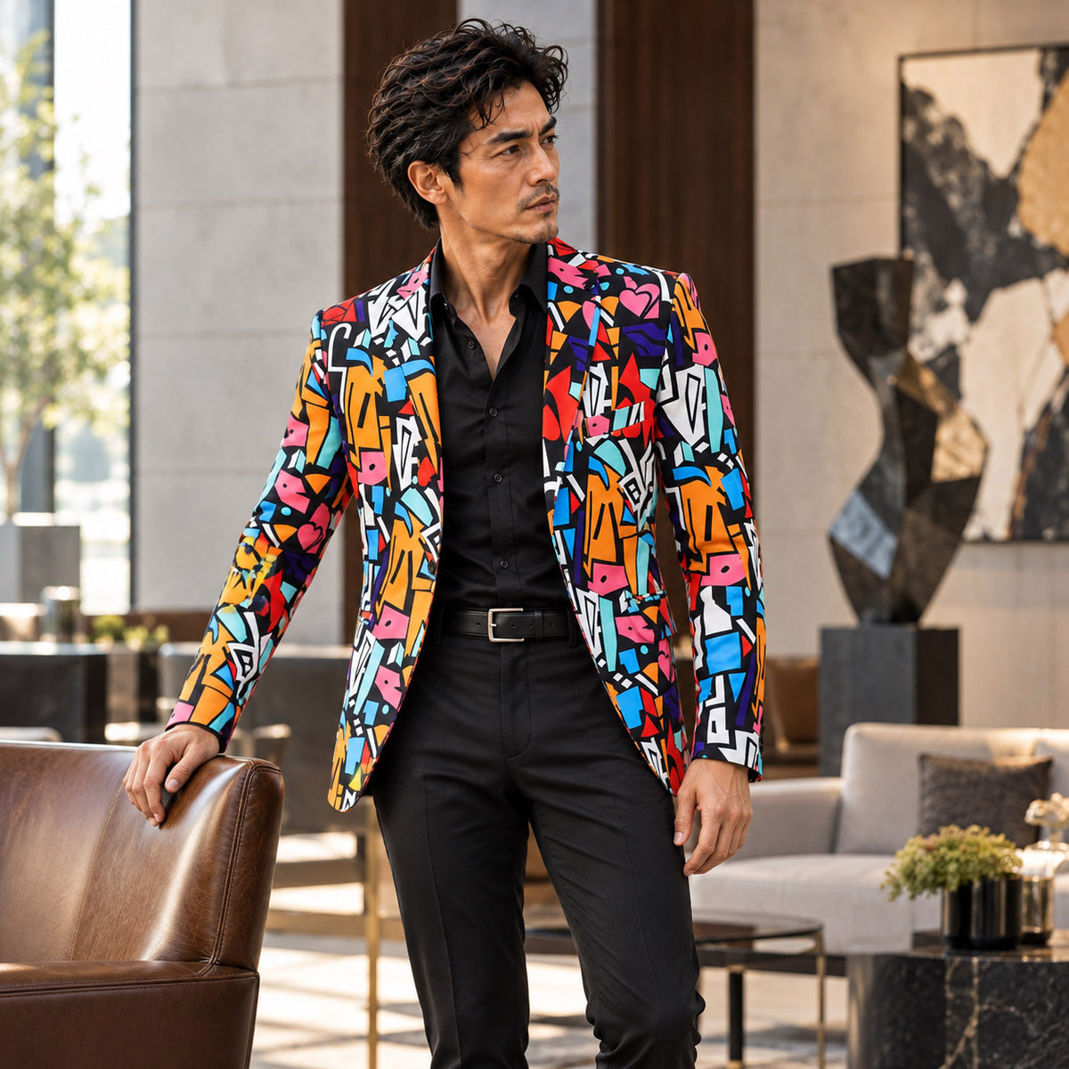 WISHOLIC men's colorful graffiti print statement blazer styled with a black shirt and black dress trousers in a contemporary interior.