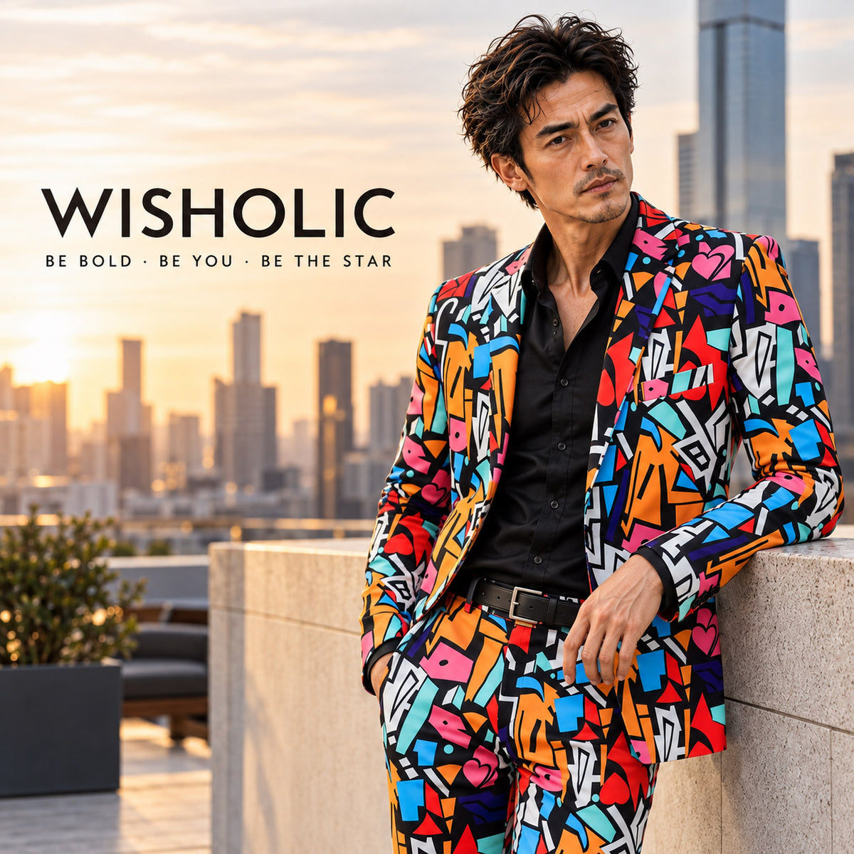 WISHOLIC men's colorful graffiti print suit styled with a black shirt on a city rooftop at sunset, featuring the WISHOLIC brand and Be Bold Be You Be the Star slogan.