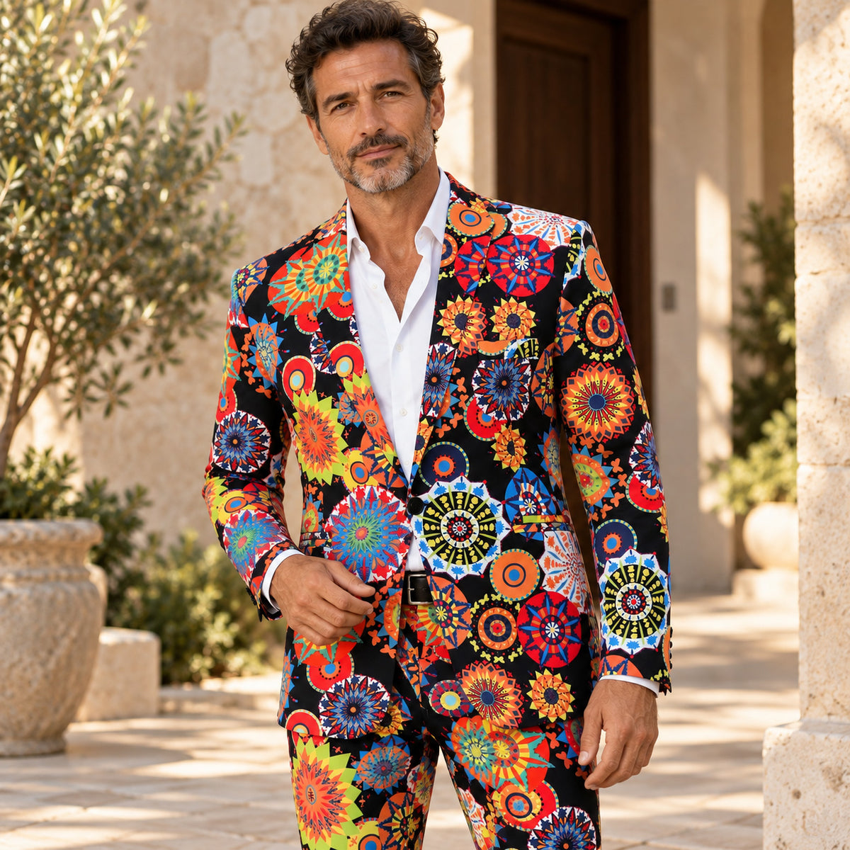 WISHOLIC men's colorful mandala print two-piece suit with black base and vibrant geometric patterns, styled with a white shirt.