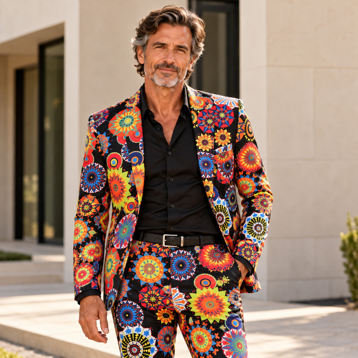Wisholic men's vibrant black statement suit featuring colorful geometric mandala kaleidoscope print styled with black dress shirt