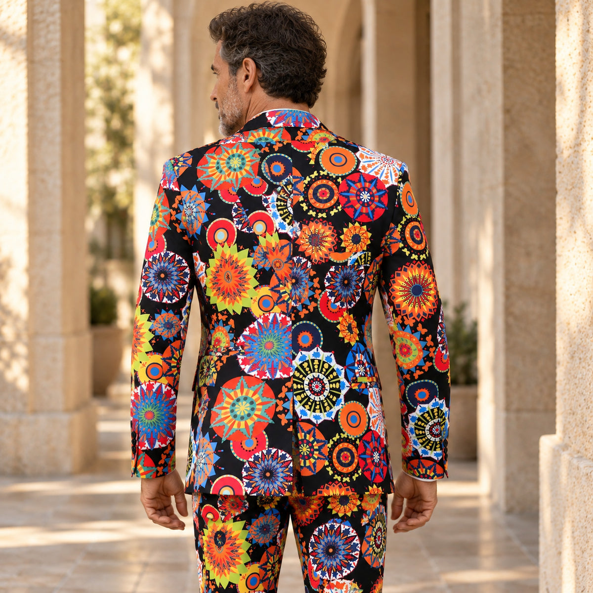 Back view of WISHOLIC men's colorful mandala print suit showing the vibrant geometric pattern and tailored blazer.
