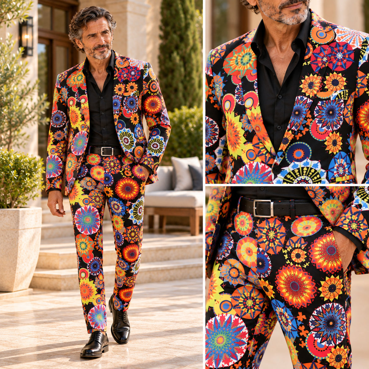 Full body fit and close-up views of Wisholic men's tailored black suit featuring vibrant kaleidoscope geometric print and slim trousers