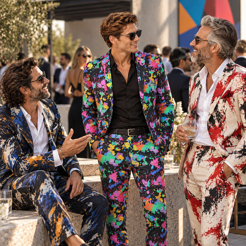 Three stylish men wearing Wisholic colorful paint splatter print party suits socializing at an outdoor modern garden event