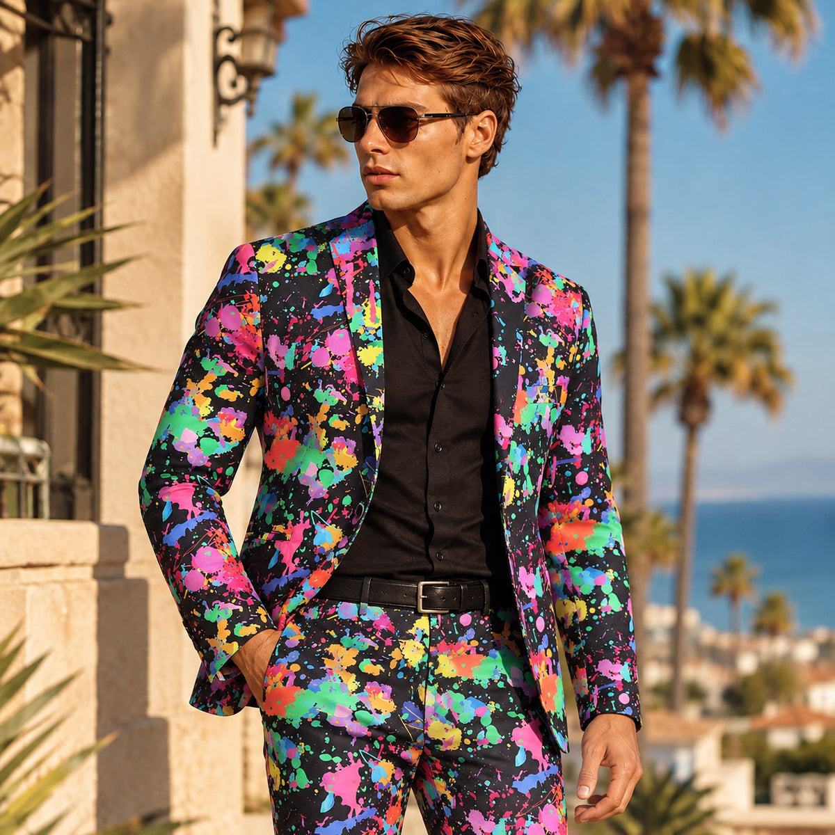 Wisholic men's colorful paint splatter party suit jacket and pants styled with sunglasses outdoors
