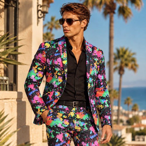 Wisholic men's colorful paint splatter party suit jacket and pants styled with sunglasses outdoors