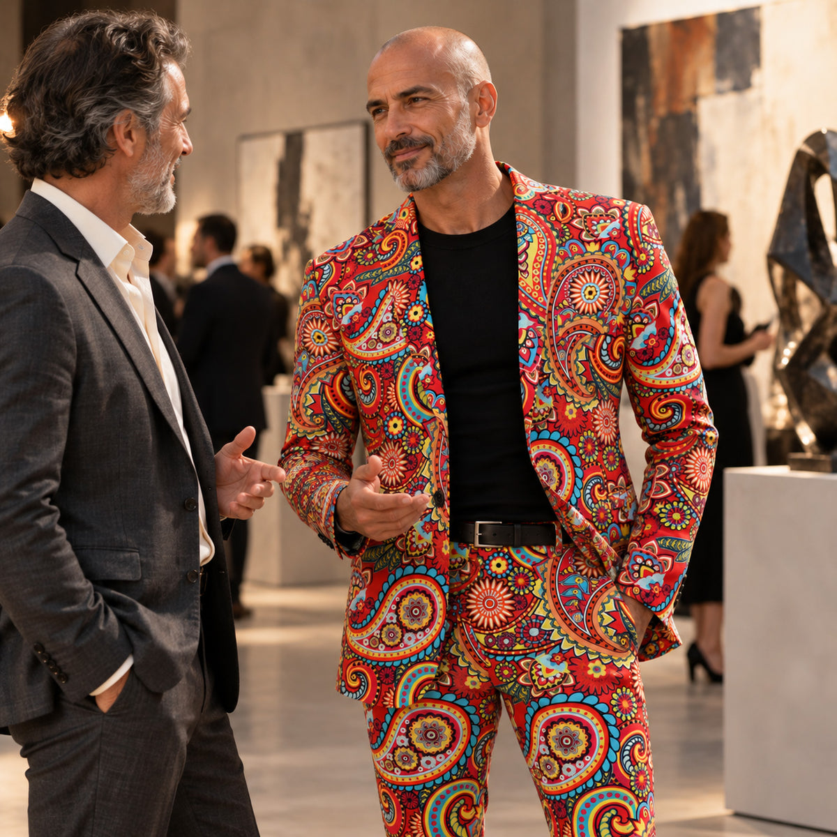 Man wearing Wisholic red boho paisley printed suit interacting at an art gallery event