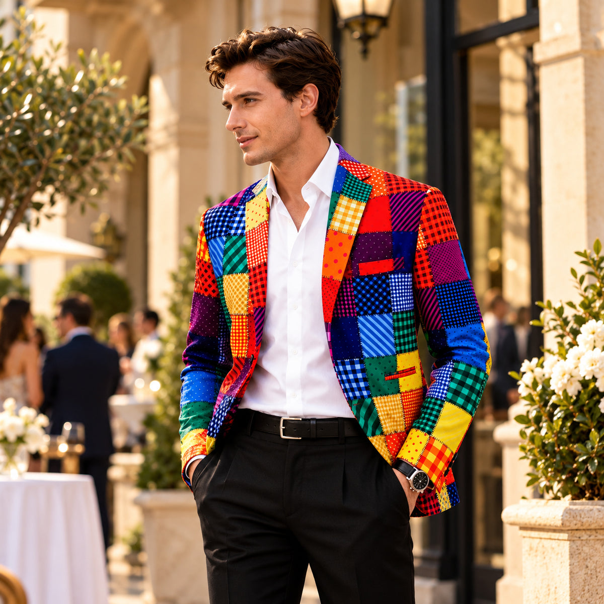 Wisholic men's colorful patchwork blazer paired with a white dress shirt and black trousers