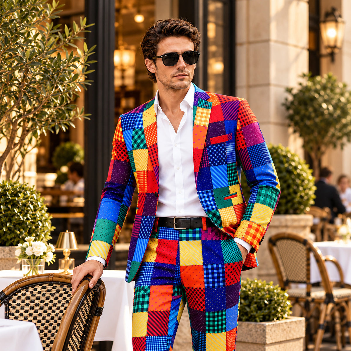 Wisholic men's vibrant rainbow patchwork statement suit with blazer and trousers worn outdoors on a café terrace