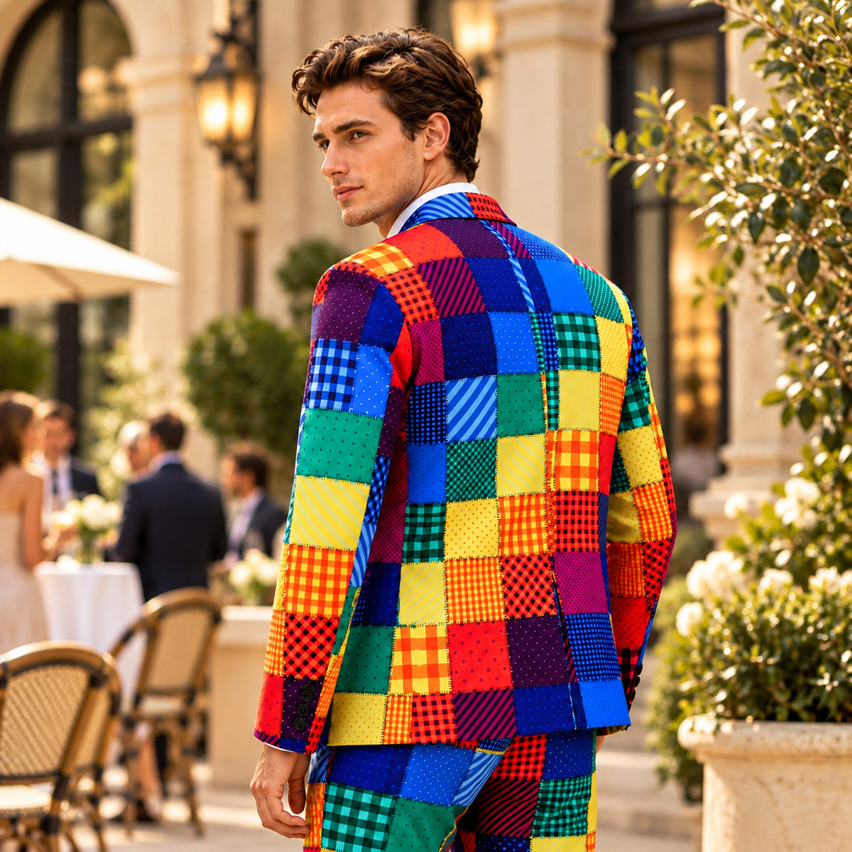 Back view of Wisholic men's vibrant patchwork pattern suit jacket and pants set