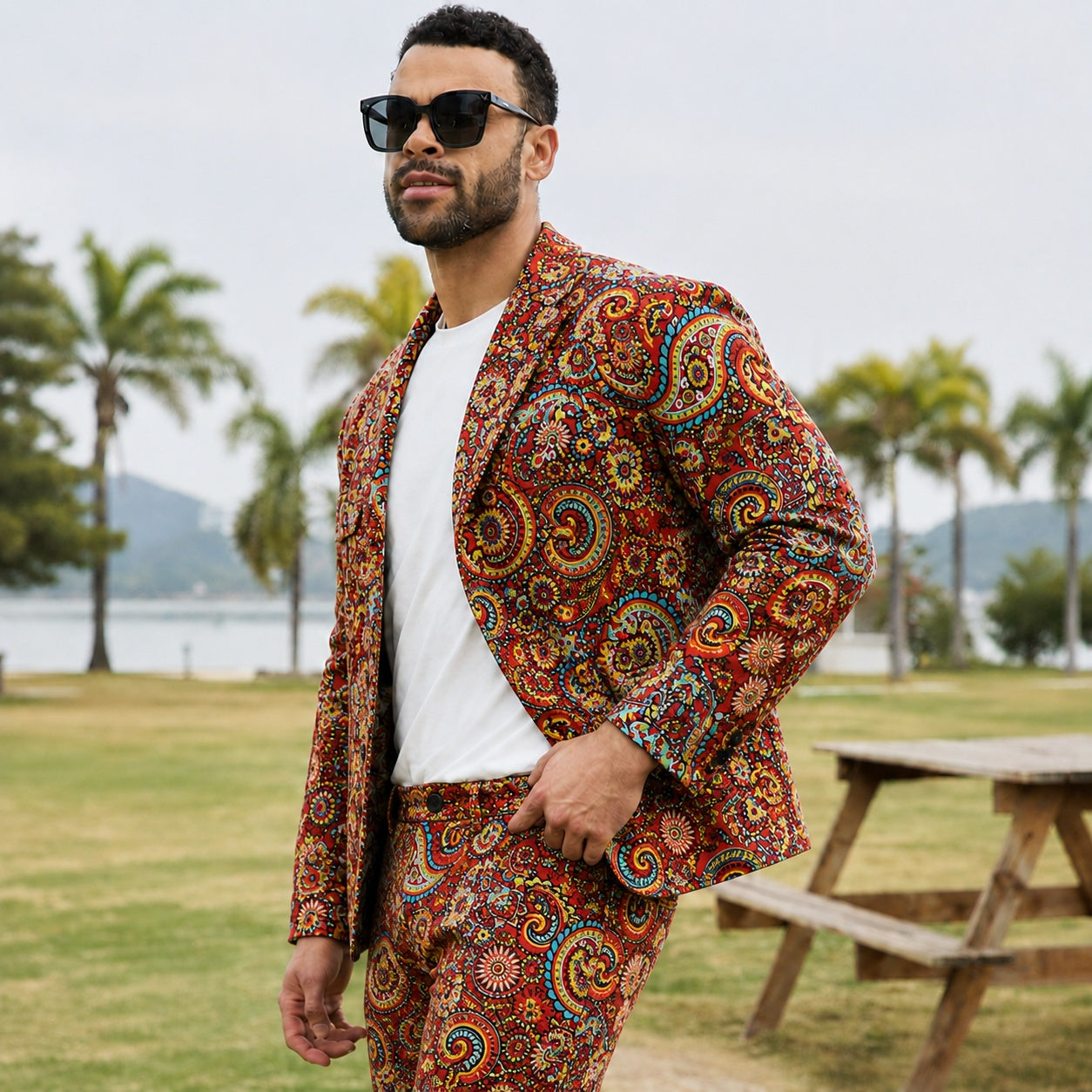 A man in sunglasses styling the Wisholic colorful patterned mens suit jacket with a casual white t-shirt at a scenic coastal resort backdrop.